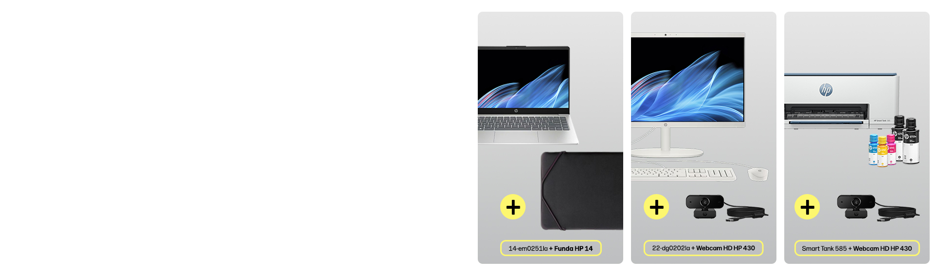 Imagen de una ret&iacute;cula de 3 productos HP m&aacute;s un accesorio en...