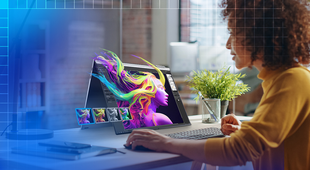 Mujer en ambiente creativo ajustando colores en imagen en eq...