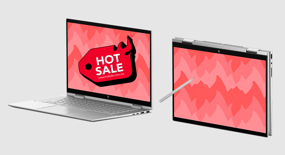 Imagen de una notebook X360 en distintos angulos sobre fondo...