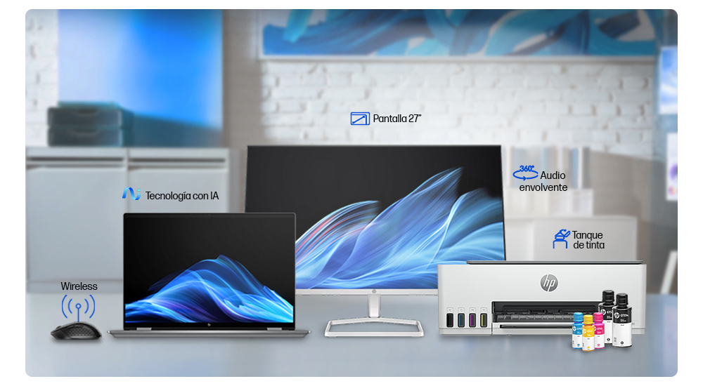 Im&aacute;gen de productos HP en un escritorio en oficina. 