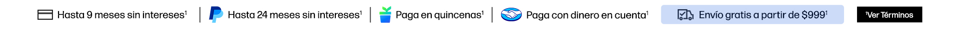 Hasta 9 MSI* Hasta 24 MSI con PayPal* Paga en quincenas con Kueski Pay* Paga con dinero en cuenta Mercado Pago* Env&iacute;o gratis a partir de $999* Consulta t&eacute;rminos y condiciones en: https://www.hp.com/mx-es/shop/promociones-terminos-condiciones