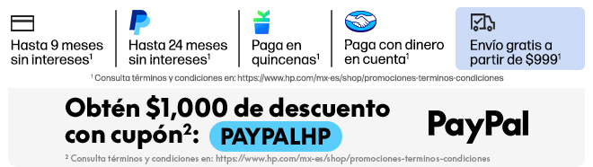 Hasta 9 MSI* Hasta 24 MSI con PayPal* Paga en quincenas con Kueski Pay* Paga con dinero en cuenta Mercado Pago* Env&iacute;o gratis a partir de $999*. Obt&eacute;n $1,000 de descuento con cup&oacute;n**: PAYPALHP. ** Consulta t&eacute;rminos y condiciones