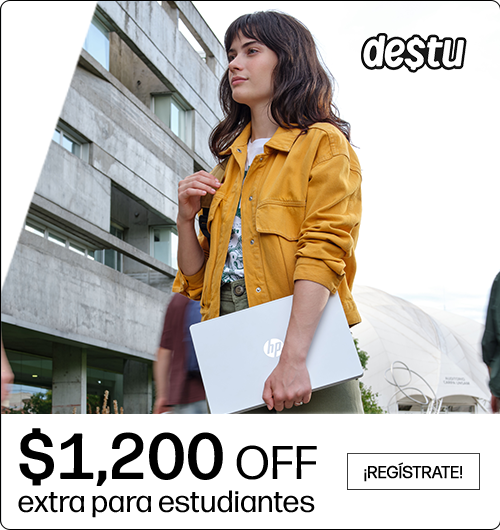 Logo Destu. Una chica entrando al colegio con una laptop HP en brazo. $1,200 OFF extra para estudiantes. Haz clic para registrarte.