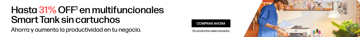 Imagen de un hombre en oficina recibiendo impresiones de una HP Smart Tank. Hasta 31% OFF* en multifuncionales Smart Tank sin cartuchos. Ahorra y aumenta la productividad en tu negocio. * En productos seleccionados. Haz click para comprar