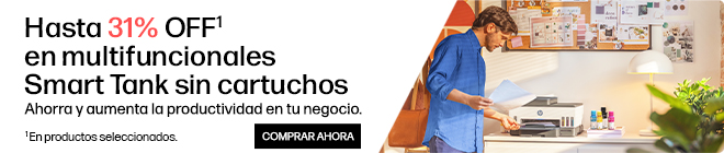 Imagen de un hombre en oficina recibiendo impresiones de una HP Smart Tank. Hasta 31% OFF* en multifuncionales Smart Tank sin cartuchos. Ahorra y aumenta la productividad en tu negocio. * En productos seleccionados. Haz click para comprar