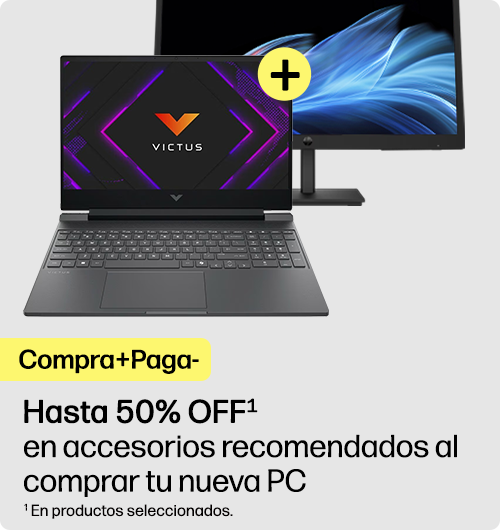 Notebook Victus y Monitor. Compra m&aacute;s, paga menos. Hasta 50% OFF.* en accesorios recomendados al comprar tu nueva PC. * En productos seleccionados.