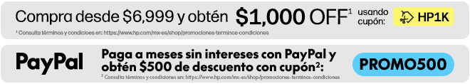 Compra desde $6,999 y obt&eacute;n $1,000 OFF* usando cup&oacute;n: HP1K. * Consulta t&eacute;rminos y condicioes en: https://www.hp.com/mx-es/shop/promociones-terminos-condiciones   PayPal. Paga a meses sin intereses con PayPal y obtp&eacute;n $500 de descuento con cup&oacute;n**: PROMO500. ** Consulta t&eacute;rminos y condicioes en: https://www.hp.com/mx-es/shop/promociones-terminos-condiciones