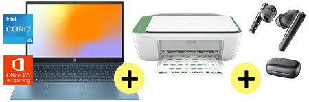 Potencia y precio imbatible. Fotograf&iacute;a de una Laptop HP15-eg2520la + Impresora Multifuncional HP DeskJet Ink Advantage 2375 + e-Learning + Licencia Office365 + Earbuds Poly Voyager Free 60 UC. Procesador Intel&reg; Core&trade; i5 de 12.&ordf; gen., RAM de 16 GB, SSD de 512 GB