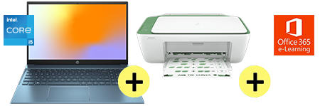 Potencia y precio imbatible. Fotograf&iacute;a de una Laptop HP15-eg2520la + Impresora Multifuncional HP DeskJet Ink Advantage 2375 + e-Learning + Licencia Office365. Procesador Intel&reg; Core&trade; i5 de 12.&ordf; gen., RAM de 16 GB, SSD de 512 GB
