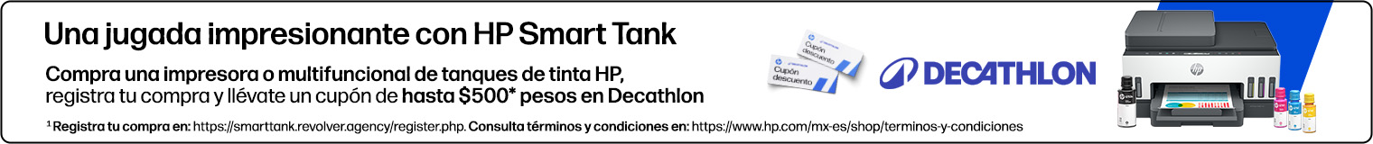 Una jugada impresionante con HP Smart Tank. Compra una impresora o multifuncional de tanques de tinta HP, registra tu compra y ll&eacute;vate un cup&oacute;n de hasta $500* pesos en Decathlon. * Registra tu compra en: https://smarttank.revolver.agency/register.php. Consulta t&eacute;rminos y condiciones en: https://www.hp.com/mx-es/shop/terminos-y-condiciones