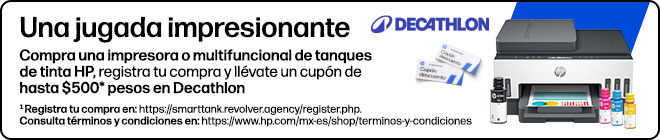 Una jugada impresionante con HP Smart Tank. Compra una impresora o multifuncional de tanques de tinta HP, registra tu compra y ll&eacute;vate un cup&oacute;n de hasta $500* pesos en Decathlon. * Registra tu compra en: https://smarttank.revolver.agency/register.php. Consulta t&eacute;rminos y condiciones en: https://www.hp.com/mx-es/shop/terminos-y-condiciones