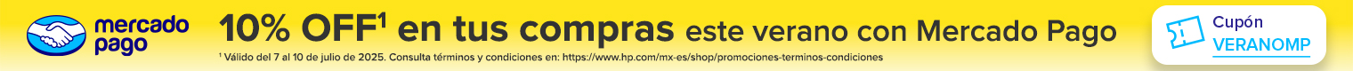 Logo Mercado Pago. 10% OFF* en tus compras este verano con Mercado Pago con cupón: VERANOMP * * Válido del 7 al 10 de julio de 2025. Consulta términos y condiciones en: https://www.hp.com/mx-es/shop/promociones-terminos-condiciones