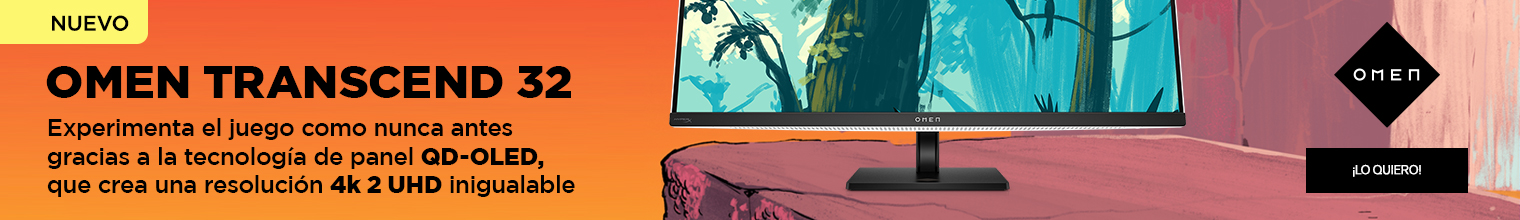 Nuevo. OMEN TRANSCEND 32. Experimenta el juego como nunca antes gracias a la tecnología de panel QD-OLED, que crea una resolución 4k 2 UHD inigualable. Imagen de un Monitor OMEN Transcend de 31,5 pulgadas ambientado en un videojuego.