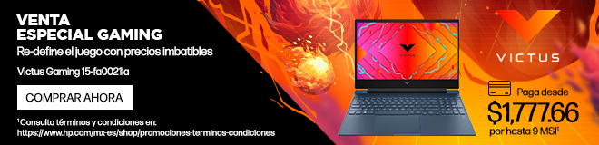 Descripción de imagen: Imagen de una Laptop HP Victus 15-fa0021la sobre fondo gráfico con meteoros en tonos naranja, rojo y negro. Venta Especial Gaming. Redefine el juego con precios imbatibles.	Victus Gaming 15-fa0021la. Paga desde: $1,777.66 por hasta 9 MSI*