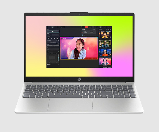 Imagen de una Laptop HP AI 15-fd2353la con aplicaci&oacute;n en pan...