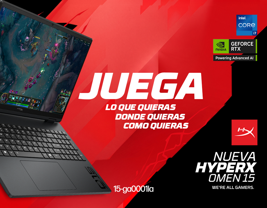 Juega como quieras. 2 vistas de la Nueva HyperX Omen15. Procesador Intel Core i7. NVIDIA® GeForce RTX™. haz clic para descubrirla