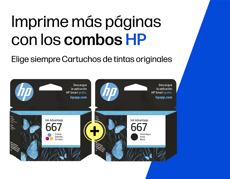 Imprime m&aacute;s p&aacute;ginas con los combos HP. Elige siempre cartuchos de tintas originales. Fotograf&iacute;a de un combo de cartuchos HP.