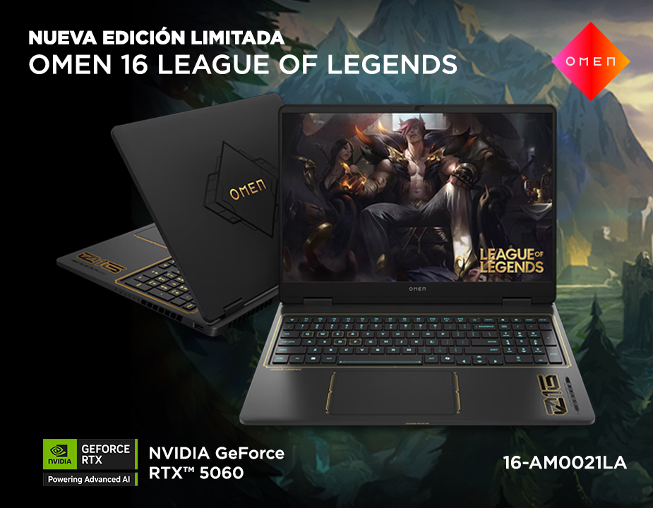Nueva edición limitada. 2 vistas de una laptop OMEN 16 LEAGUE OF LEGENDS, 16-am0021la sobre un bosque de fondo e imagen de LEAGUE OF LEGENDS en pantalla. NVIDIA GeForce RTX™ 5060