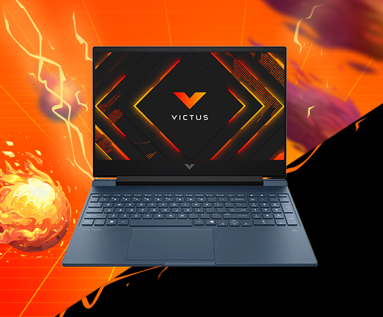 Imagen de una Laptop HP Victus 15-fa1098la sobre fondo gráfi...