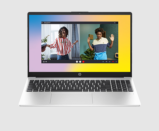 Imagen de una Laptop HP 255 G10 con aplicación en fondo de p...