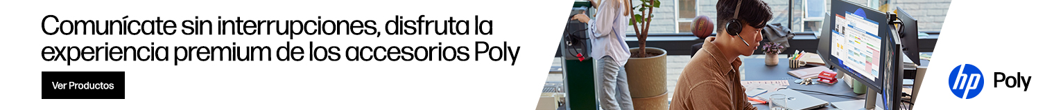 Comun&iacute;cate sin interrupciones, disfruta la experiencia premium de los accesorios Poly. Haz clic para ver productos. Imagen de un joven en video conferencia con sus auriculares Poly.